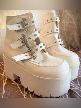 Demonia White Platform Chunky Ankle Boots with Bat Decorative Straps